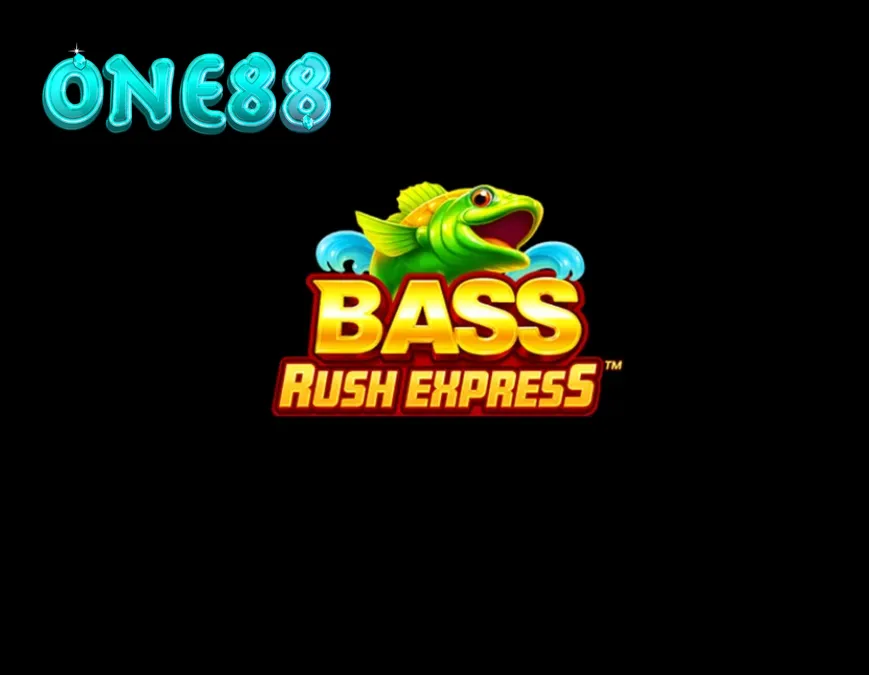 Giao diện trò chơi slot Bass Rush Express với hình ảnh ngư dân và các biểu tượng cá trên mặt hồ.